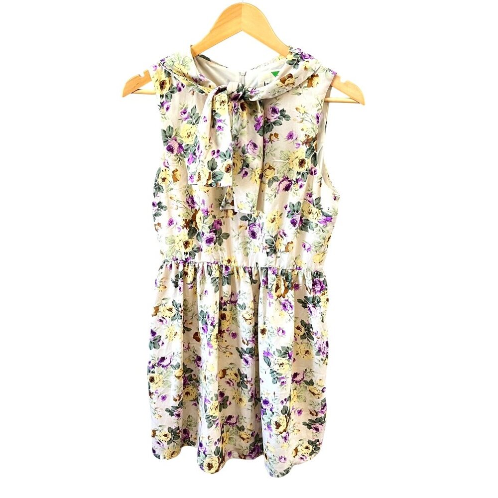 Fervour Yellow and‎ Purple Floral Short Collared Dress- Size M